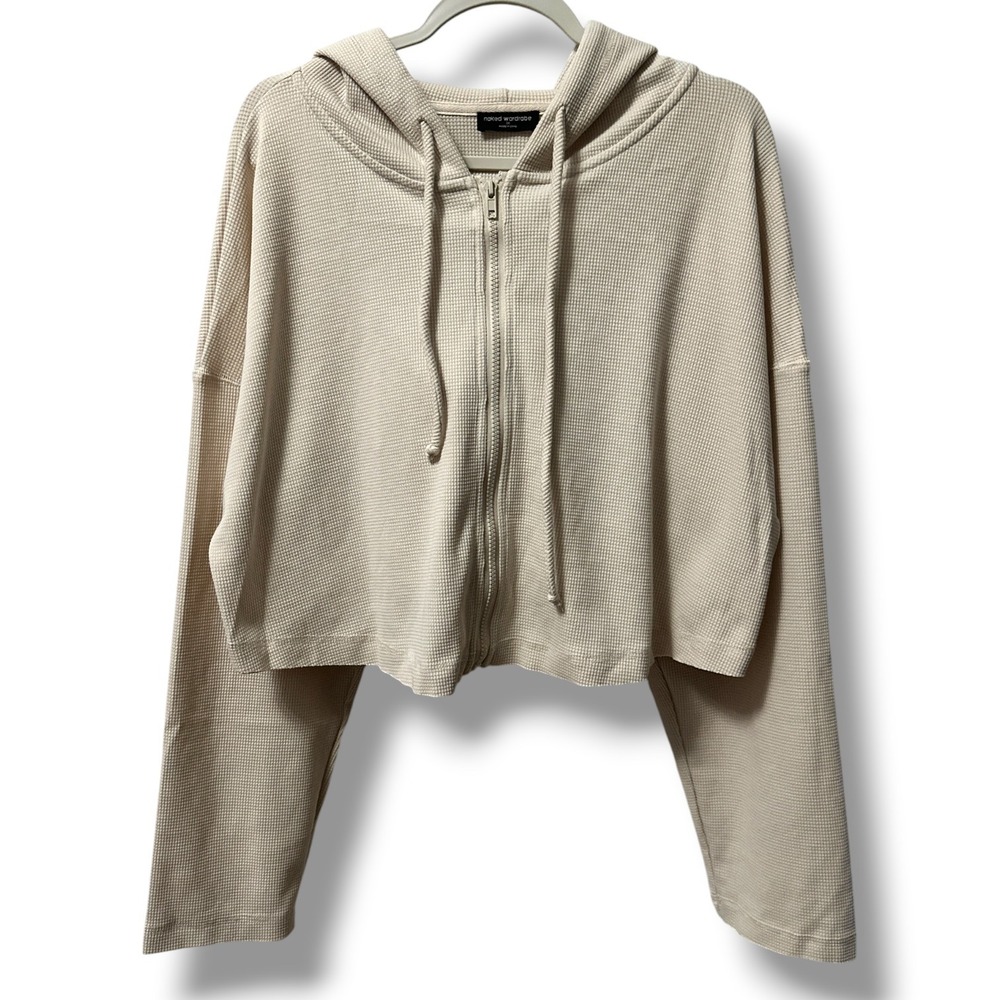 Naked Wardrobe Waffle Knit Cropped Zip Up Hoodie‎ Cream Plus Size 2X Minimalist